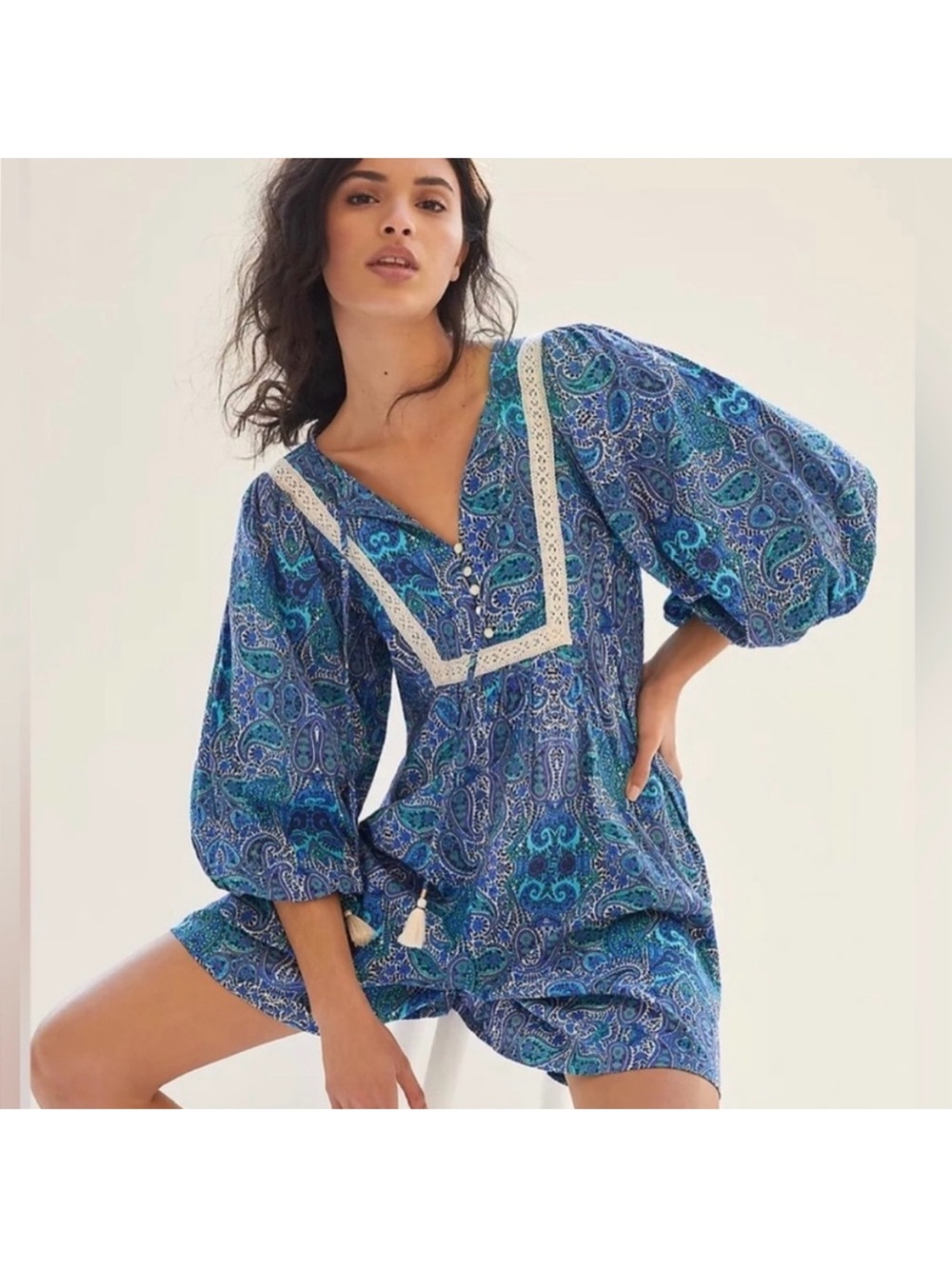 NWT Anthropologie size L Blue Paisley Romper with Tassel Tie